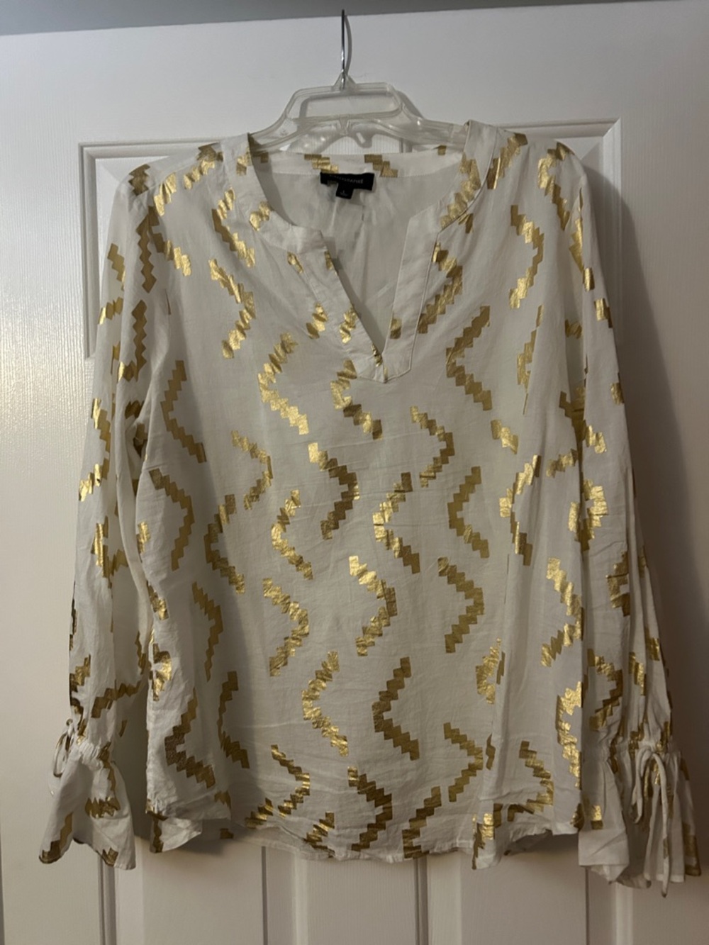 White Blouse with Gold Metallic Zigzag Accents